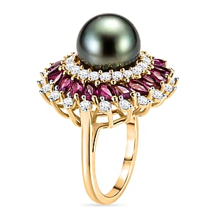 D'Joy Premium Tahitian Pearl and Multi Gemstone 3.50 ctw Royal Bloom Ring in 18K Vermeil Yellow Gold Over Sterling Silver (Size 6.0)