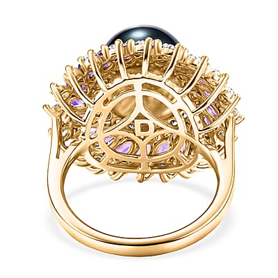 D'Joy Premium Tahitian Pearl and Multi Gemstone 3.50 ctw Royal Bloom Ring in 18K Vermeil Yellow Gold Over Sterling Silver (Size 6.0)