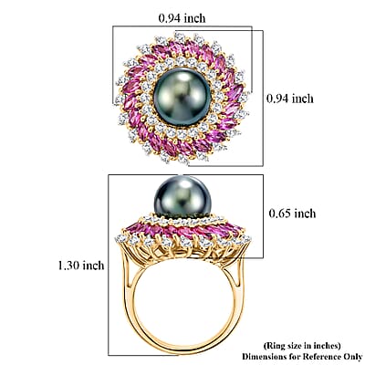 D'Joy Premium Tahitian Pearl and Multi Gemstone 3.50 ctw Royal Bloom Ring in 18K Vermeil Yellow Gold Over Sterling Silver (Size 6.0)