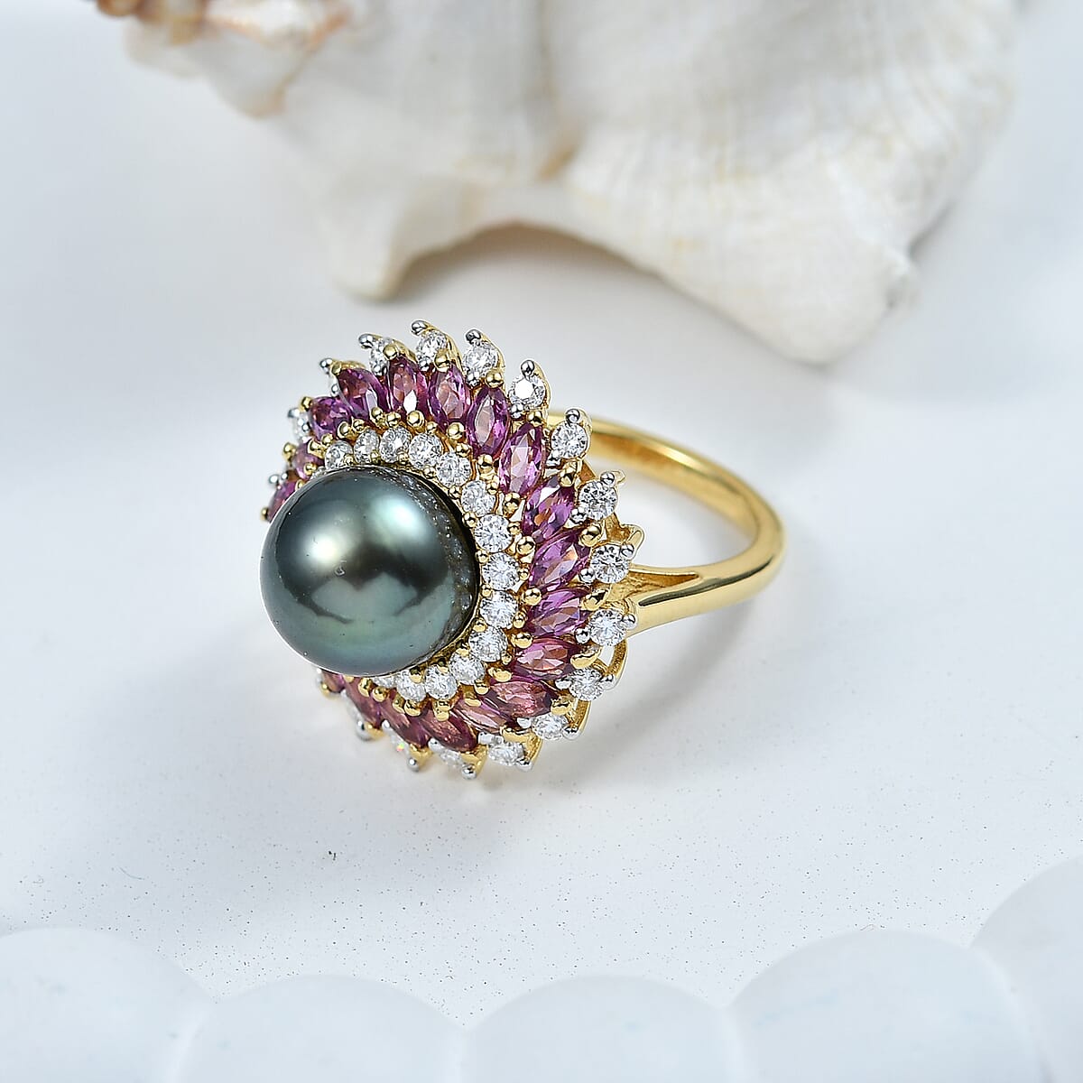 D'Joy Premium Tahitian Pearl and Multi Gemstone 3.50 ctw Royal Bloom Ring in 18K Vermeil Yellow Gold Over Sterling Silver (Size 7.0) image number 1