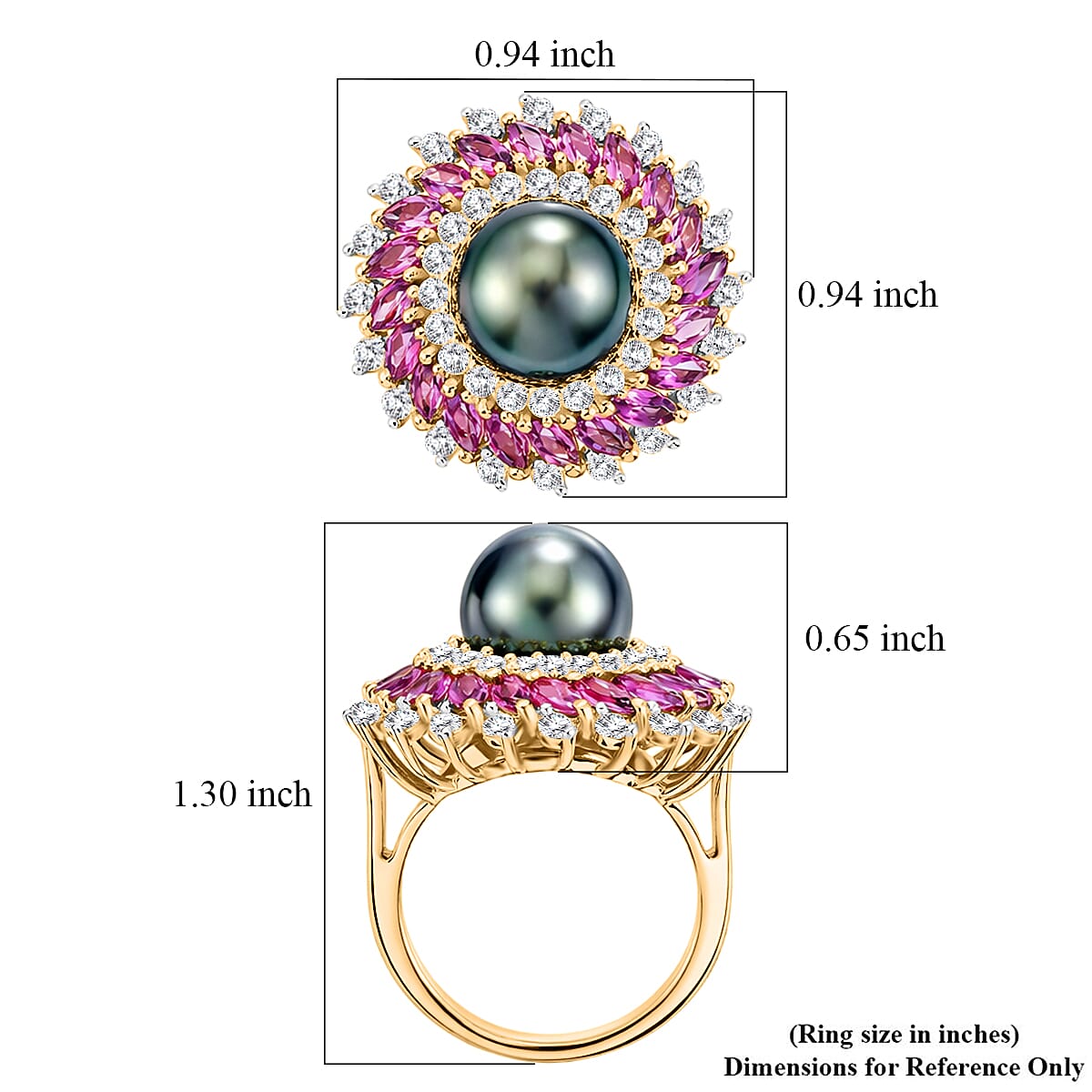 D'Joy Premium Tahitian Pearl and Multi Gemstone 3.50 ctw Royal Bloom Ring in 18K Vermeil Yellow Gold Over Sterling Silver (Size 7.0) image number 5