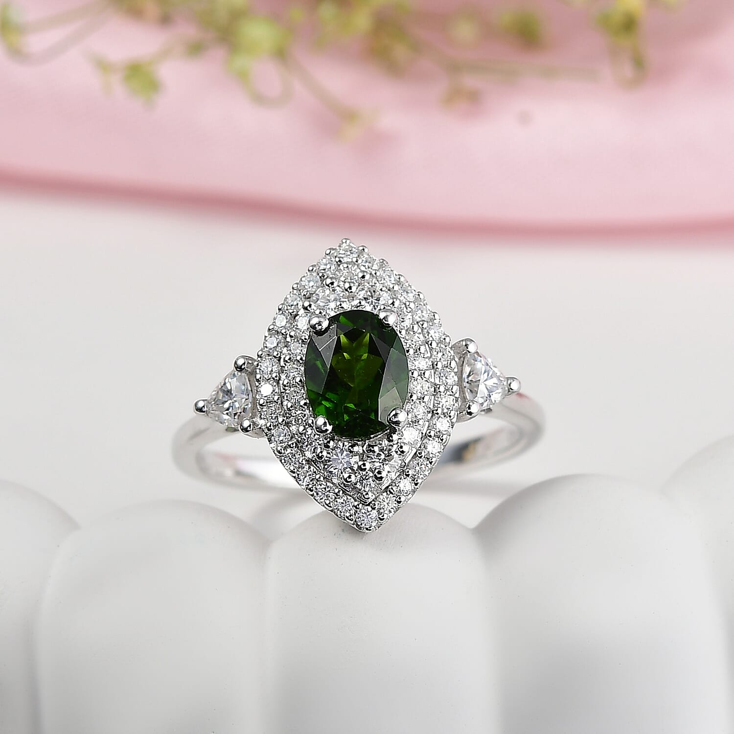 Certified & Appraised D'Joy Premium Chrome Diopside and Moissanite 2.40 ctw Ring in Rhodium Over Sterling Silver (Size 6.0)