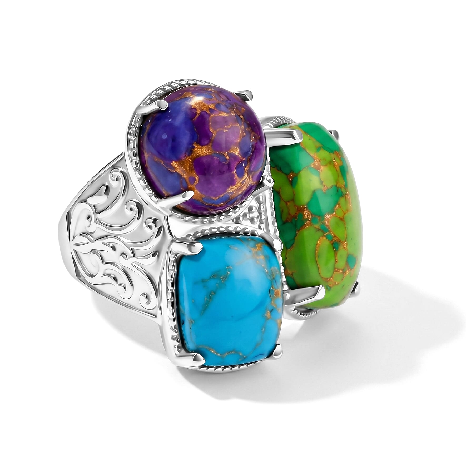 EverTrue Mojave Green, Blue and Purple Turquoise 22.10 ctw Ring in Stainless Stee (Size 6.0)