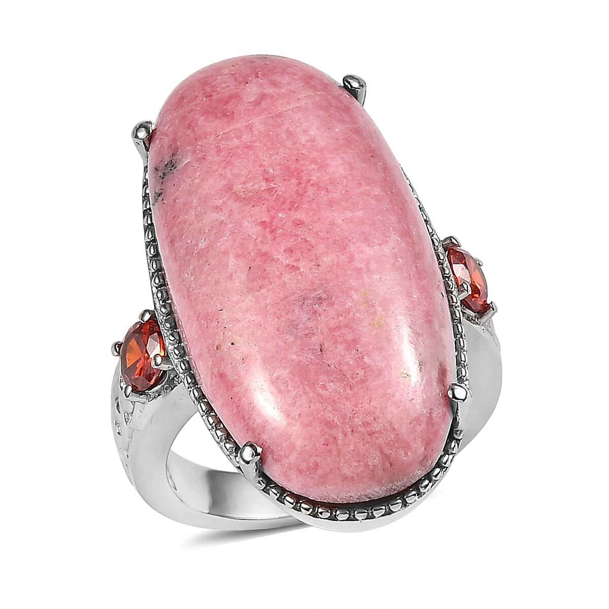 EverTrue Rhodonite and Simulated Orange Diamond 34.15 ctw Solitaire Ring in Stainless Steel (Size 6.0)