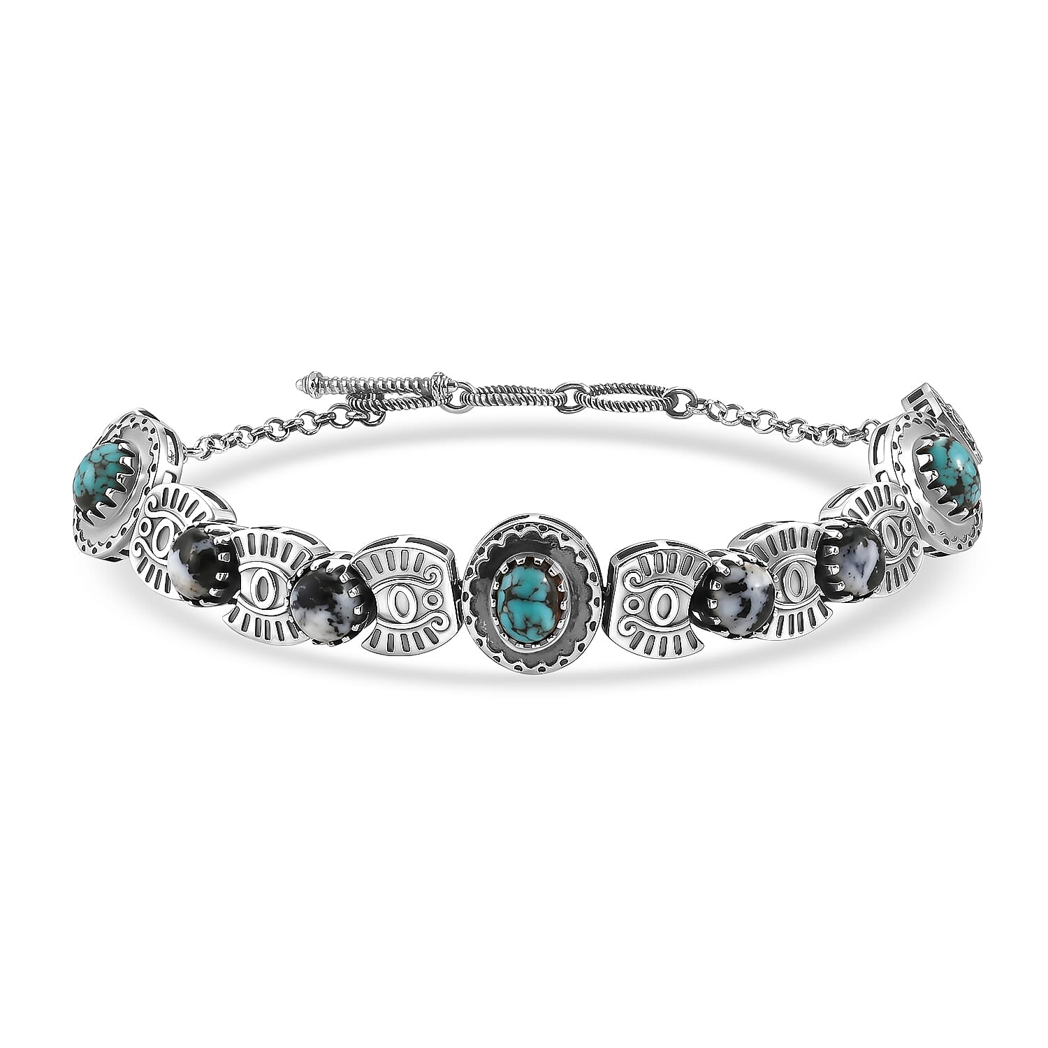 D'Joy Artisan Crafted Premium Blue Moon Turquoise and White Buffalo 6.30 ctw Bracelet in Sterling Silver (6.50-8.0In)