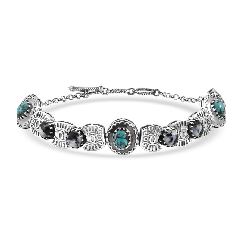 D'Joy Artisan Crafted Premium Blue Moon Turquoise and White Buffalo 6.30 ctw Bracelet in Sterling Silver (6.50-8.0In)