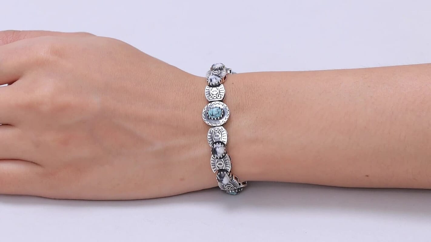 D'Joy Artisan Crafted Premium Blue Moon Turquoise and White Buffalo 6.30 ctw Bracelet in Sterling Silver (6.50-8.0In)