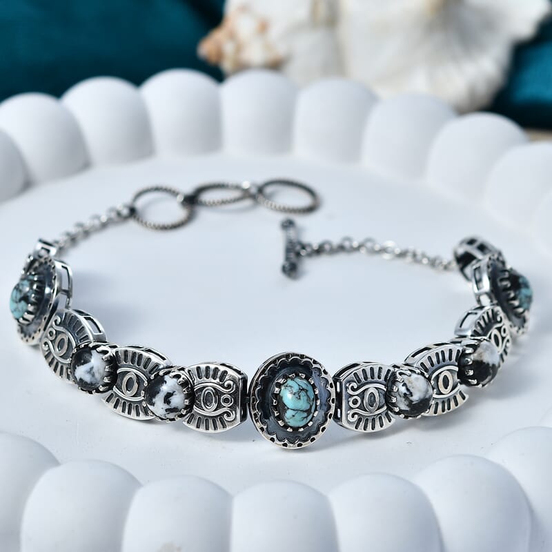 D'Joy Artisan Crafted Premium Blue Moon Turquoise and White Buffalo 6.30 ctw Bracelet in Sterling Silver (6.50-8.0In)