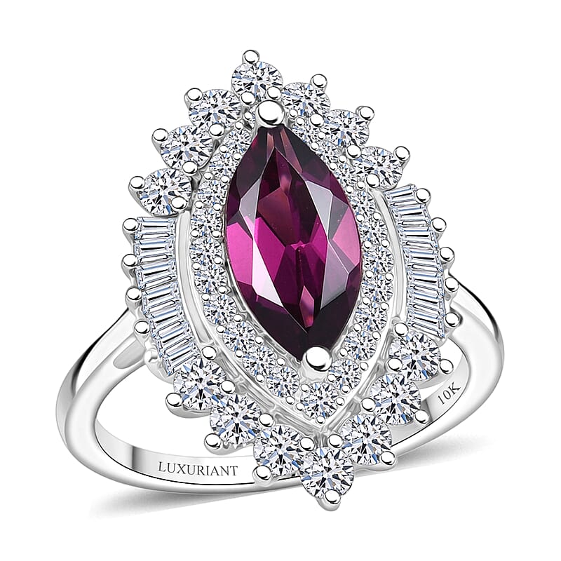 AAA Radiant Ember Garnet and Luxuriant Lab Grown Diamond E-F VS 3.00 ctw Firelight Halo Ring in 10K White Gold (Size 6.0)