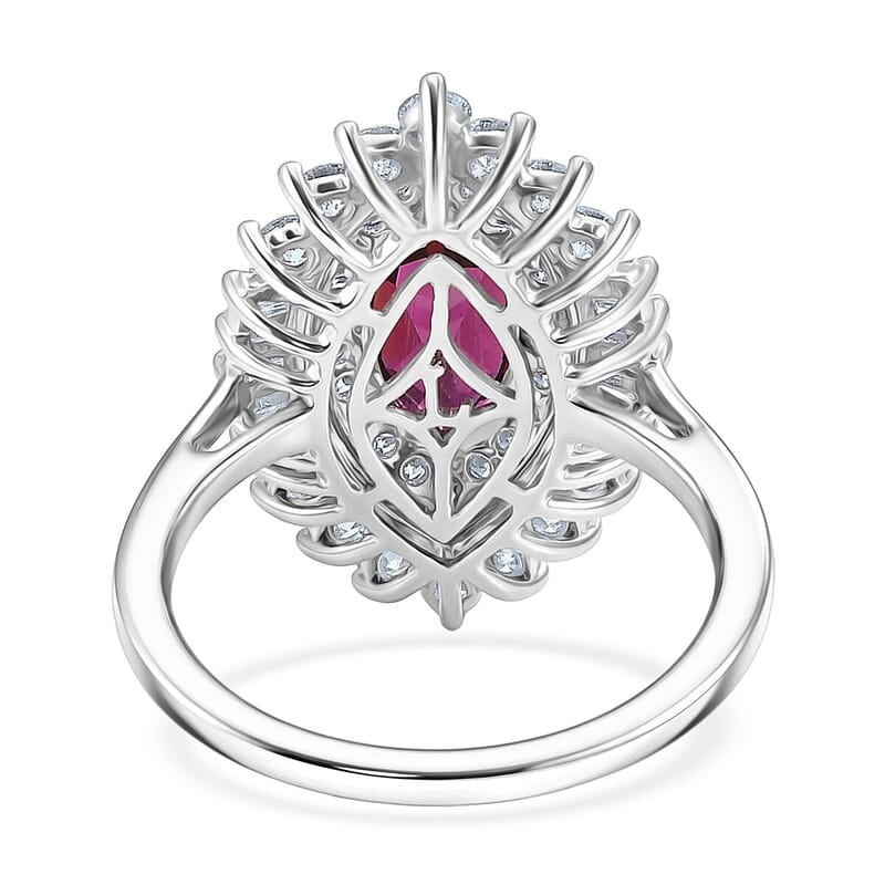 AAA Radiant Ember Garnet and Luxuriant Lab Grown Diamond E-F VS 3.00 ctw Firelight Halo Ring in 10K White Gold (Size 7.5)