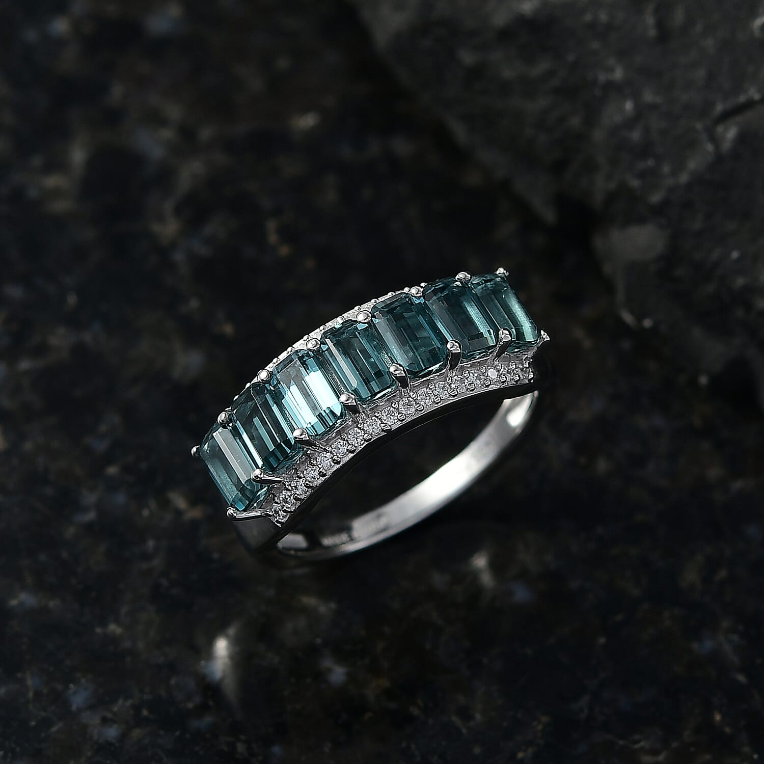 D'Joy AAA Monte Belo Indicolite and Moissanite 2.60 ctw Ocean Crest Band Ring in Rhodium Over Sterling Silver (Size 6.0)