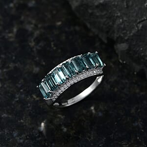 D'Joy AAA Monte Belo Indicolite and Moissanite 2.60 ctw Ocean Crest Band Ring in Rhodium Over Sterling Silver (Size 6.0)