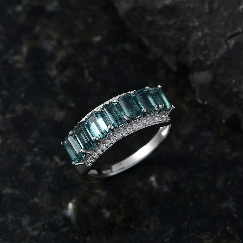 D'Joy AAA Monte Belo Indicolite and Moissanite 2.60 ctw Ocean Crest Band Ring in Rhodium Over Sterling Silver (Size 6.0)