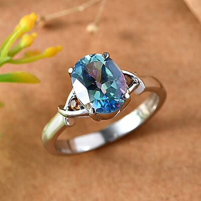 EverTrue Cassiopeia Mystic Topaz and Simulated Orange Diamond 3.60 ctw Ring in Stainless Steel (Size 6)