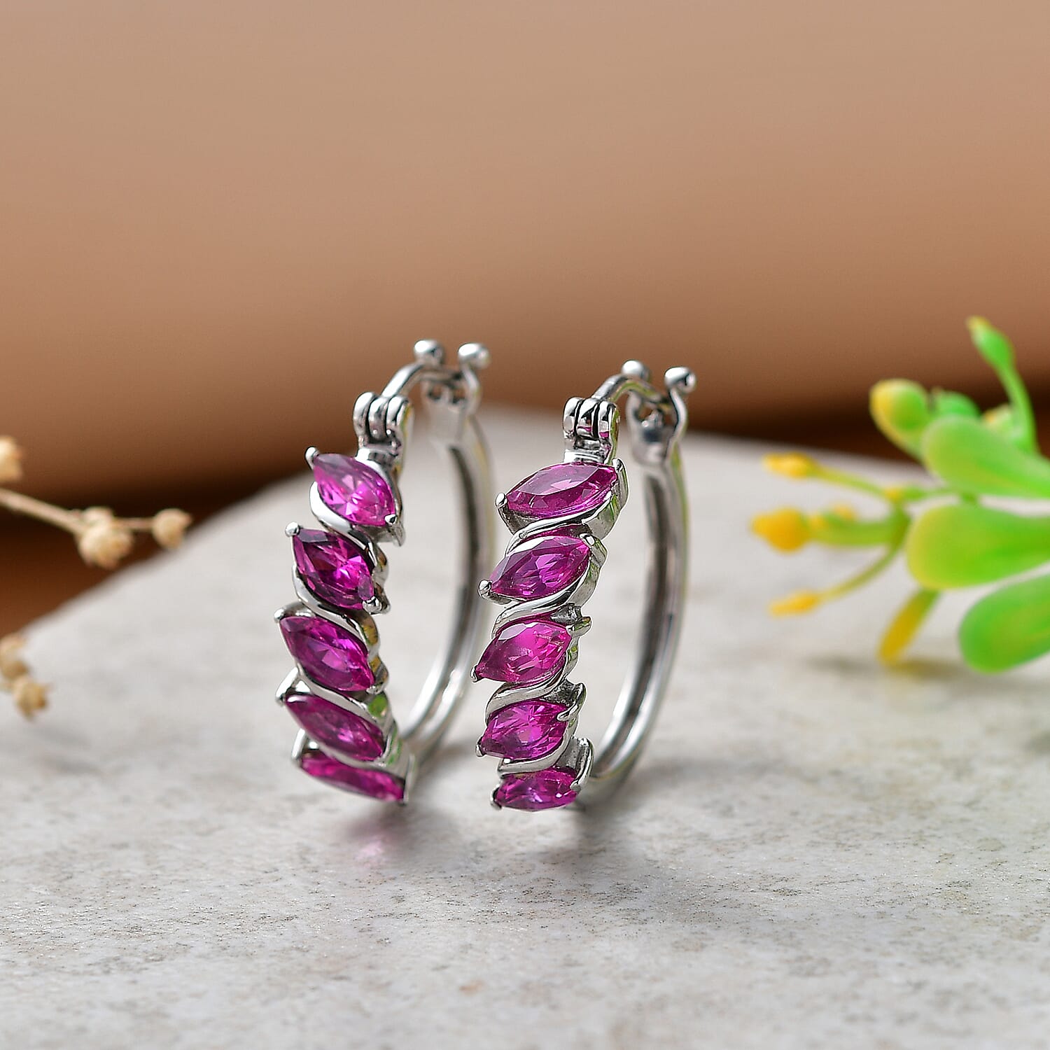EverTrue Lab Created Pink Sapphire 3.30 ctw Hoop Earrings in Stainless Steel