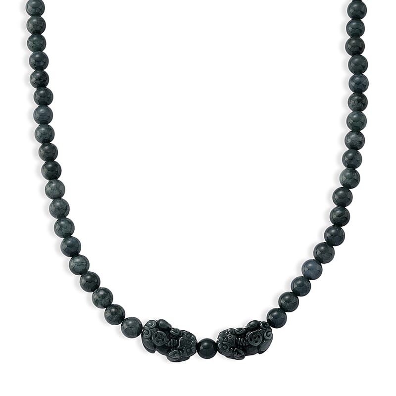 D'Joy Natural Olmec Jadeite 440.00 ctw Pixiu Necklace in Rhodium Over Sterling Silver 20-22 Inches