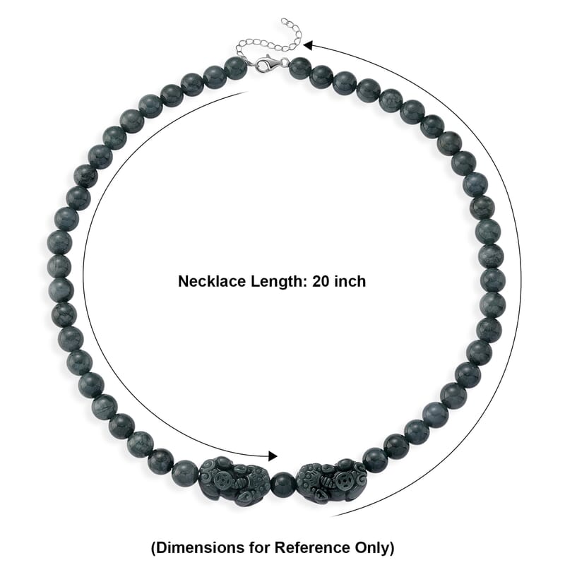 D'Joy Natural Olmec Jadeite 440.00 ctw Pixiu Necklace in Rhodium Over Sterling Silver 20-22 Inches