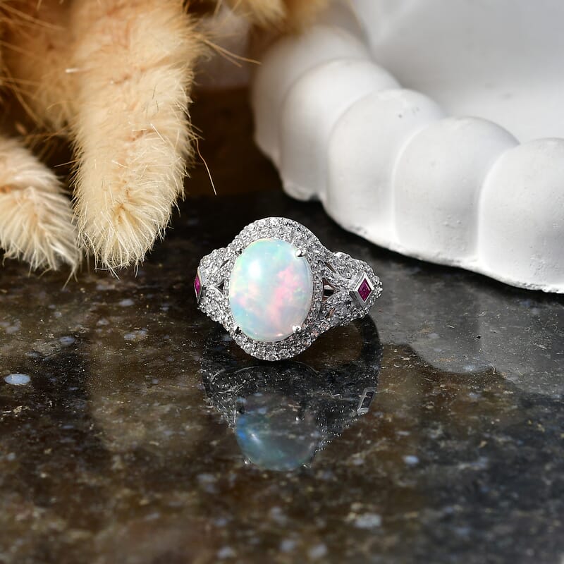 D'Joy Premium Ethiopian Welo Opal and Multi Gemstone 4.30 ctw Mystic Lace Ring in Rhodium Over Sterling Silver (Size 10.0)