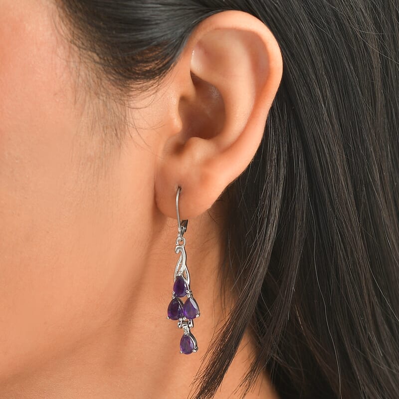 EverTrue African Amethyst 3.75 ctw Lever Back Earrings in Stainless Steel