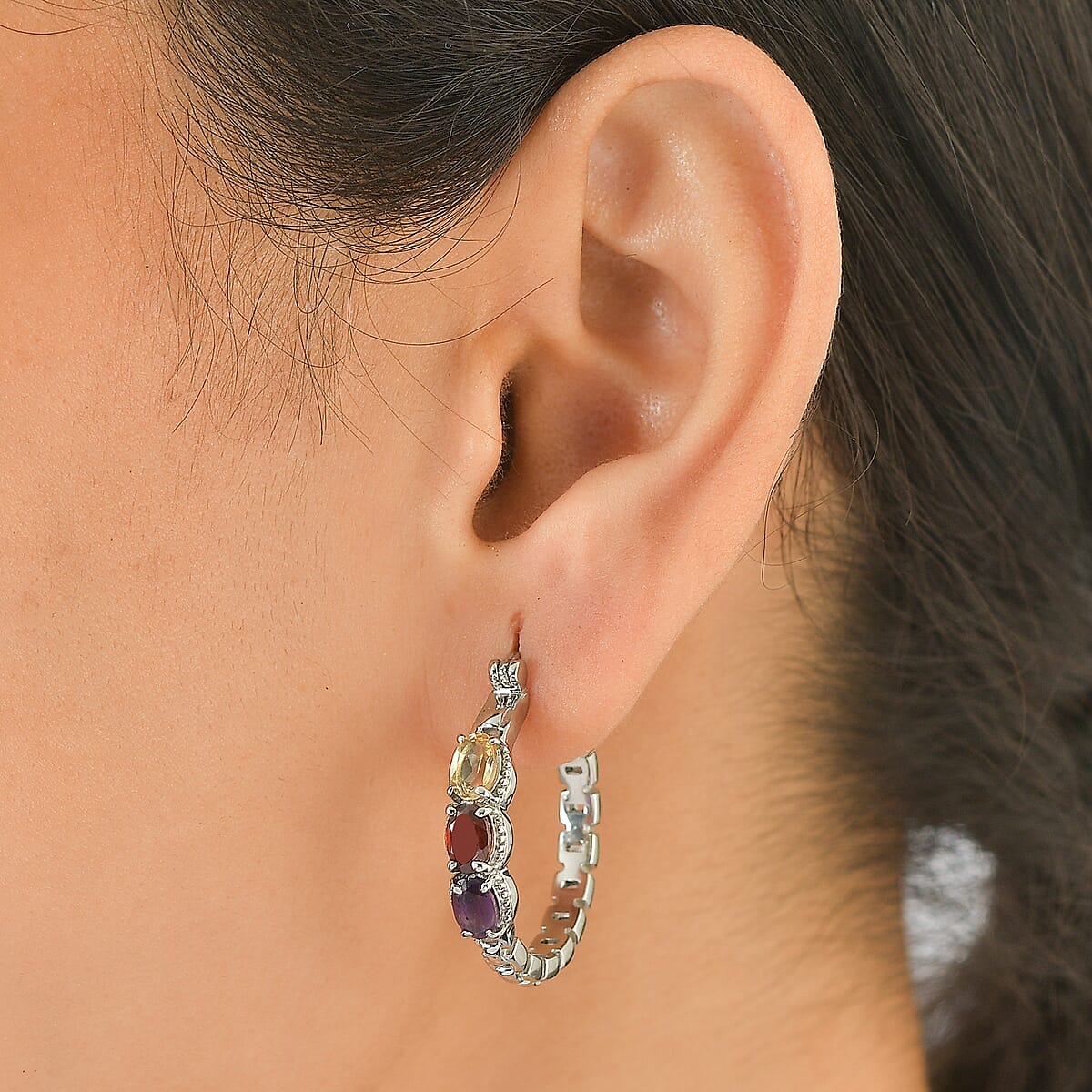 EverTrue Multi Gemstone 2.90 ctw Earrings in Stainless Steel image number 2