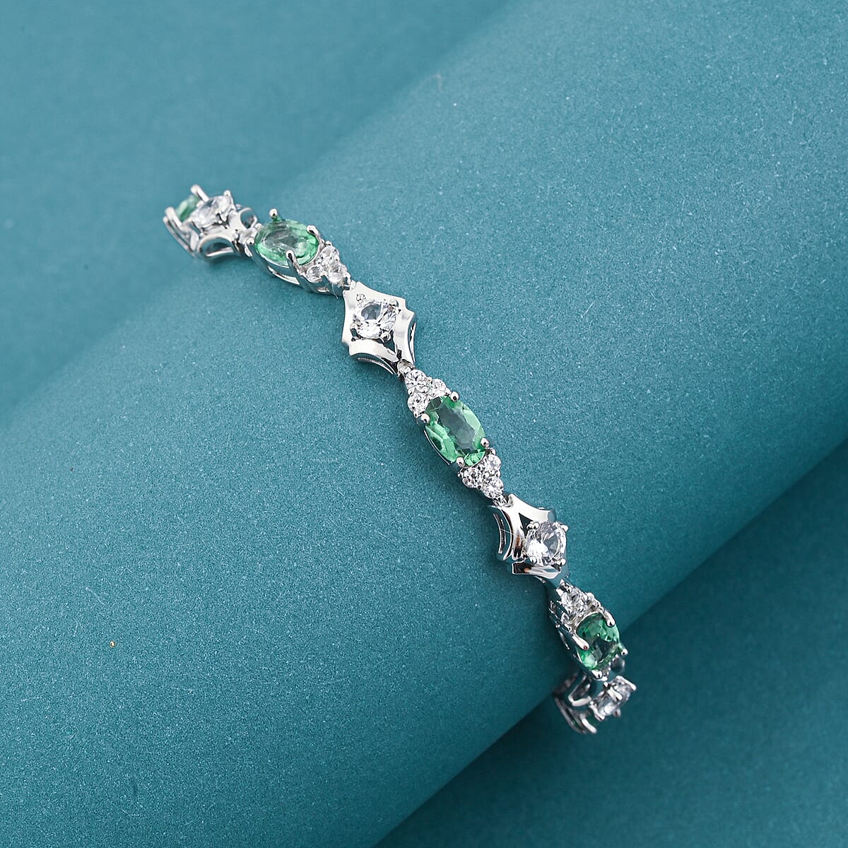 Green Quartz and White Corundum 3.25 ctw Bracelet in Rhodium Over Sterling Silver (7-8In) image number 1