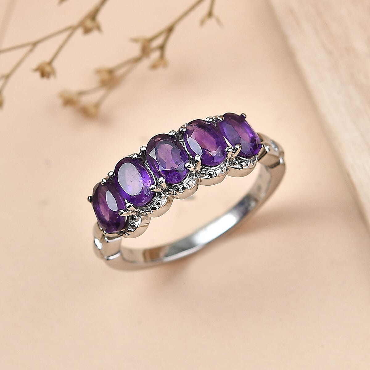 EverTrue African Amethyst 2.15 ctw 5 Stone Ring in Stainless Steel (Size 11.0)  image number 1