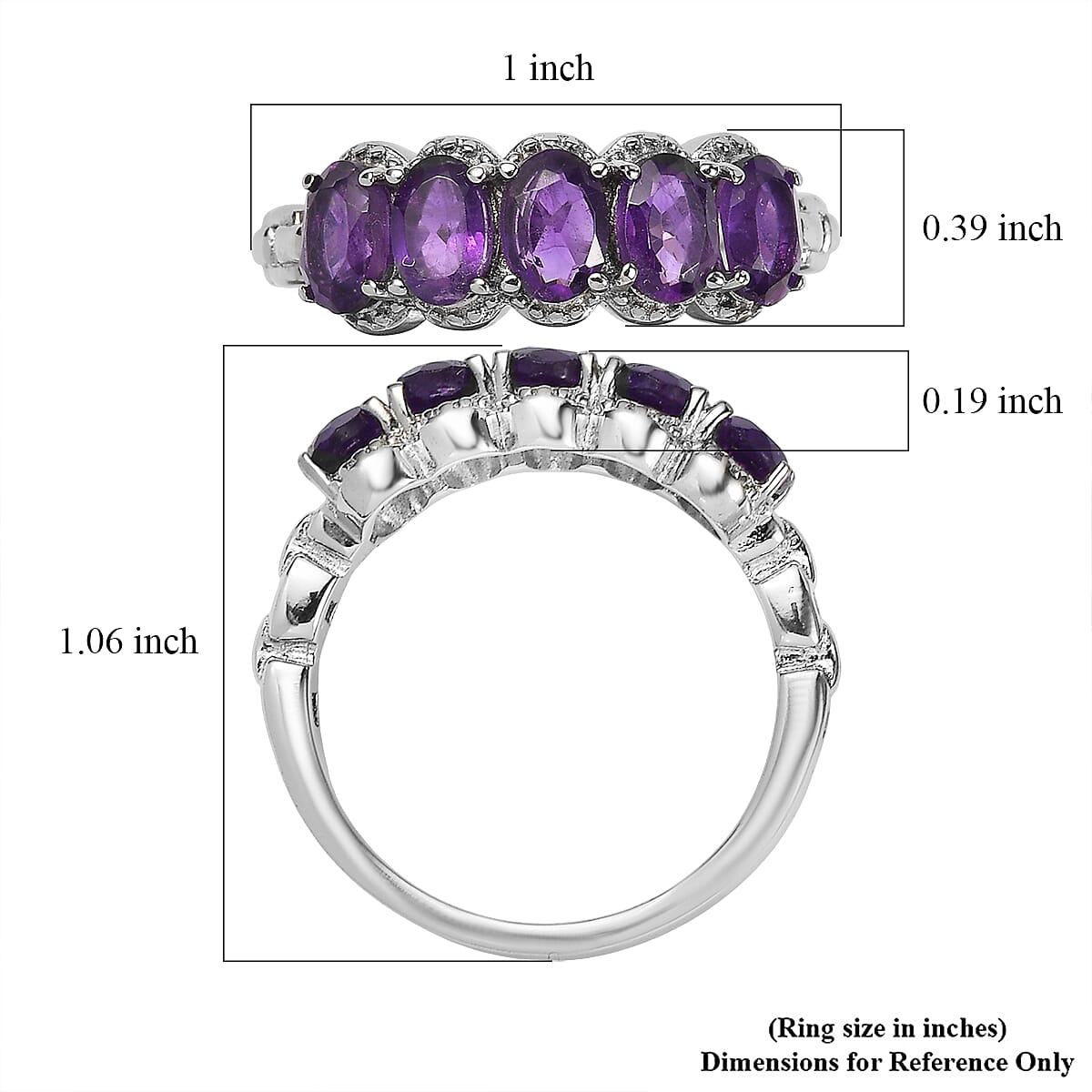 EverTrue African Amethyst 2.15 ctw 5 Stone Ring in Stainless Steel (Size 11.0)  image number 5