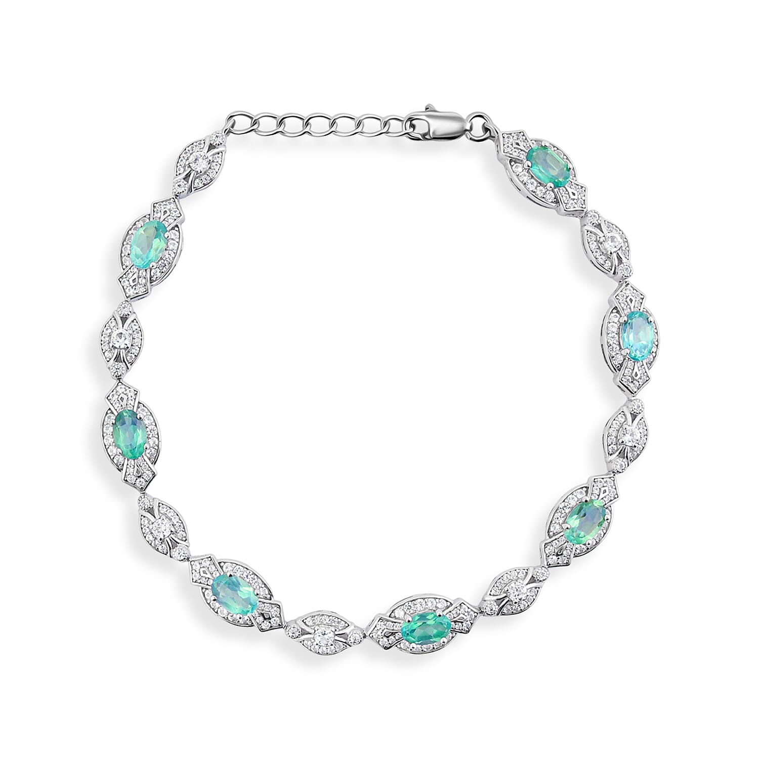 Green Quartz and White Corundum 4.00 ctw Bracelet in Rhodium Over Sterling Silver (7-7.5In)