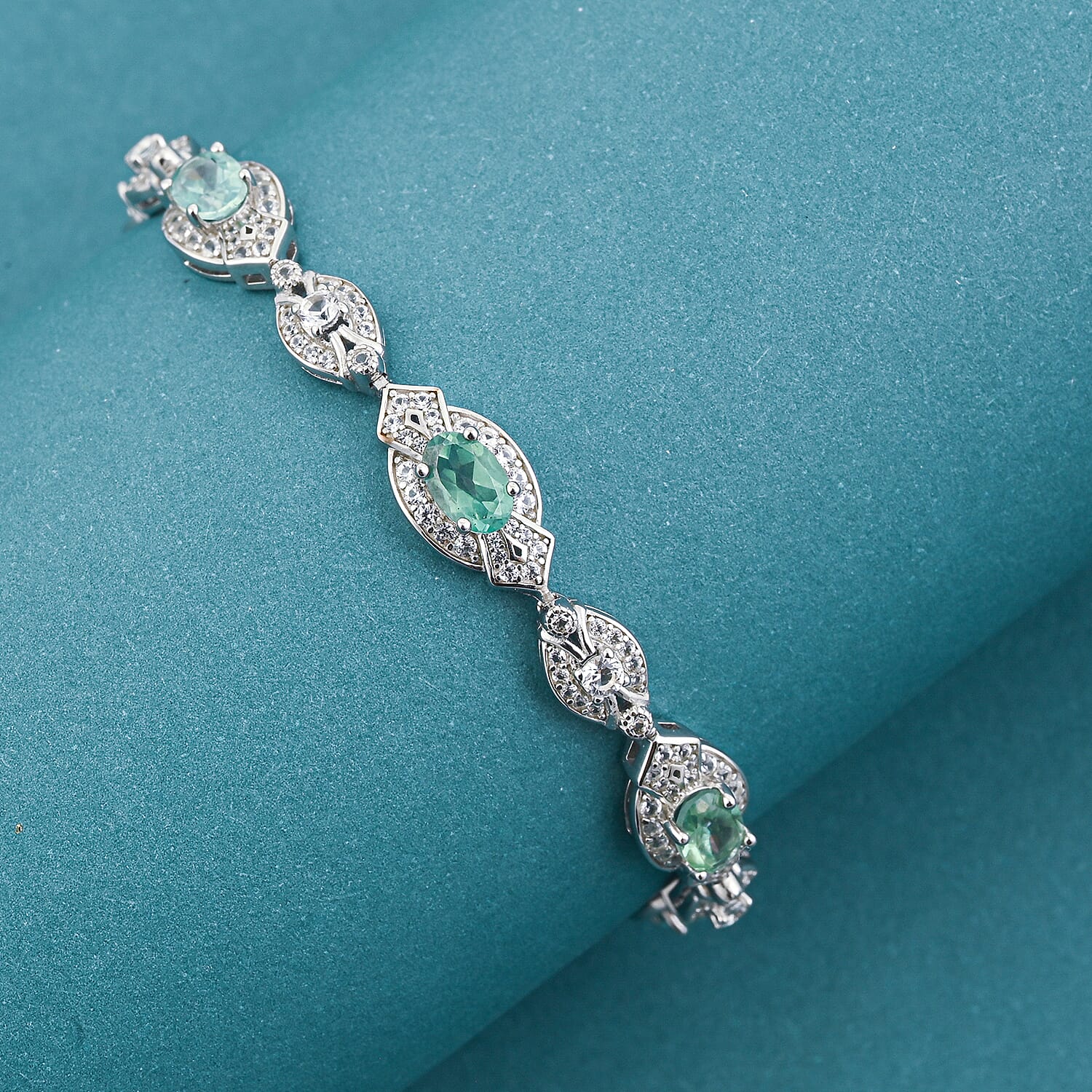 Green Quartz and White Corundum 4.00 ctw Bracelet in Rhodium Over Sterling Silver (7-7.5In)