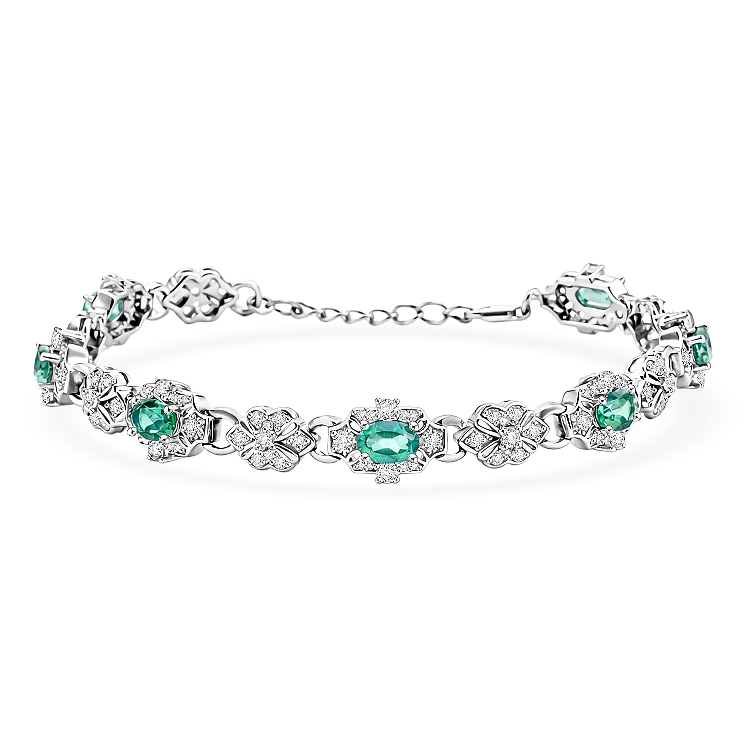 Green Quartz and White Corundum 4.10 ctw Bracelet in Rhodium Over Sterling Silver (7-8In)
