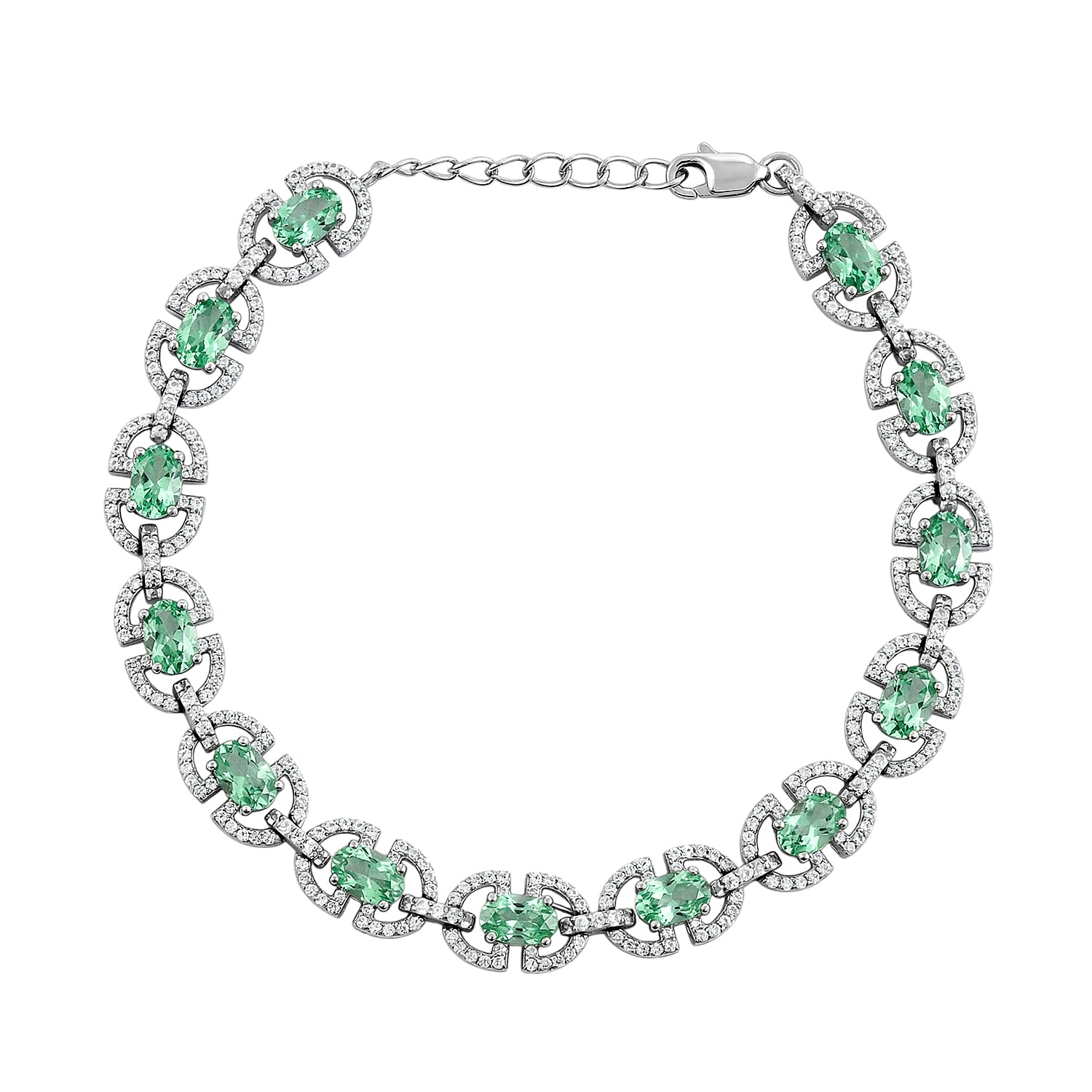 Green Quartz and White Corundum 7.70 ctw Bracelet in Rhodium Over Sterling Silver (7-8In)