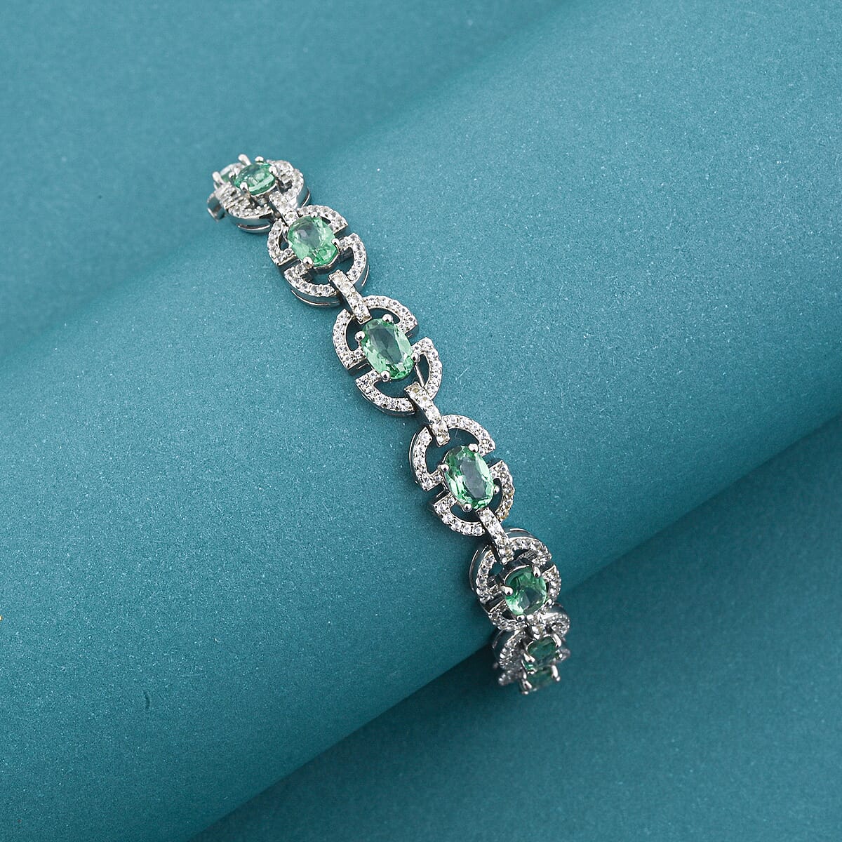 Green Quartz and White Corundum 7.70 ctw Bracelet in Rhodium Over Sterling Silver (7-8In) image number 1