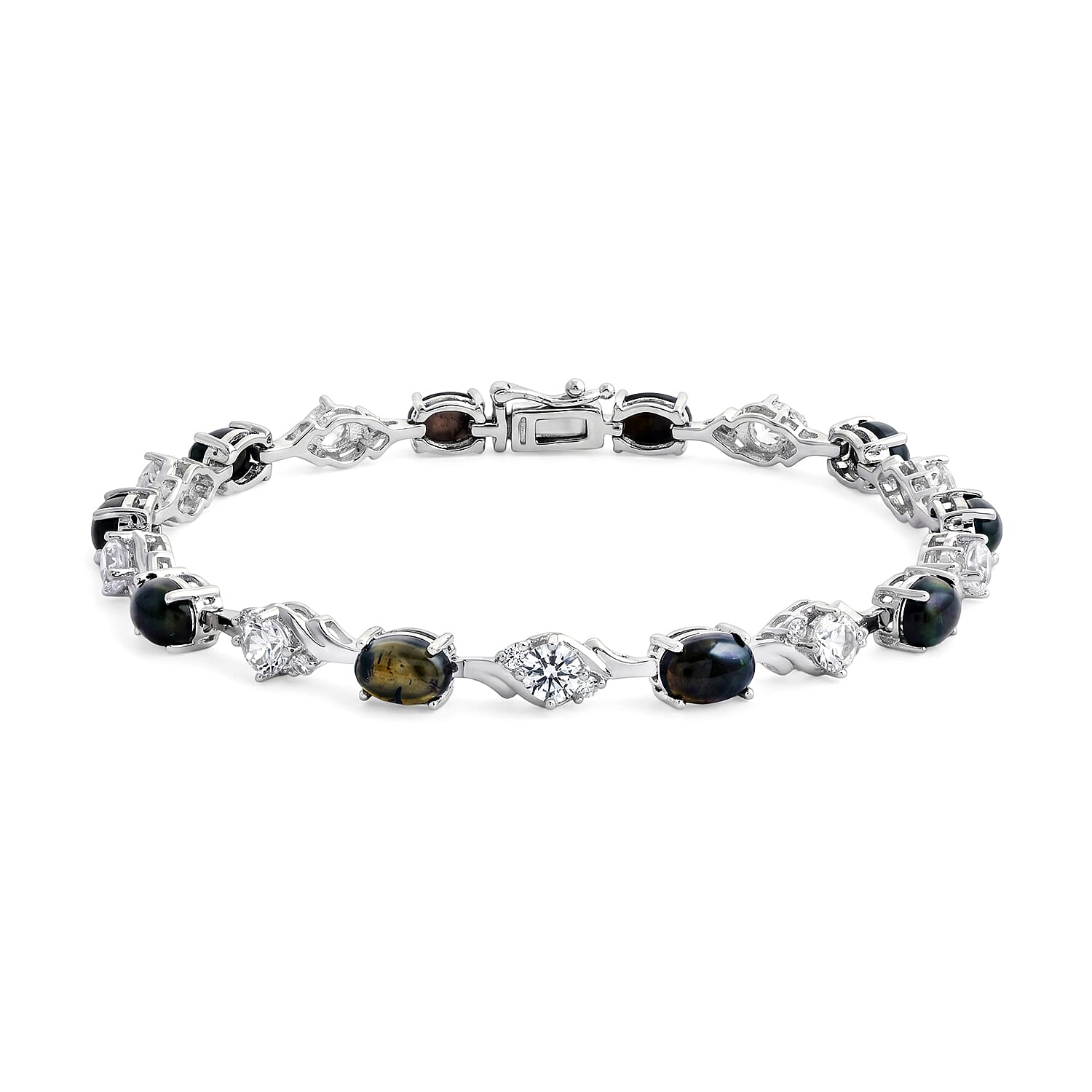 Black Opal and White Corundum 4.00 ctw Bracelet in Rhodium Over Sterling Silver (7.00 In)