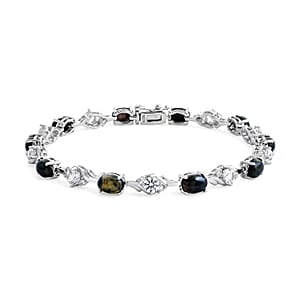 Black Opal and White Corundum 4.00 ctw Bracelet in Rhodium Over Sterling Silver (7.00 In)