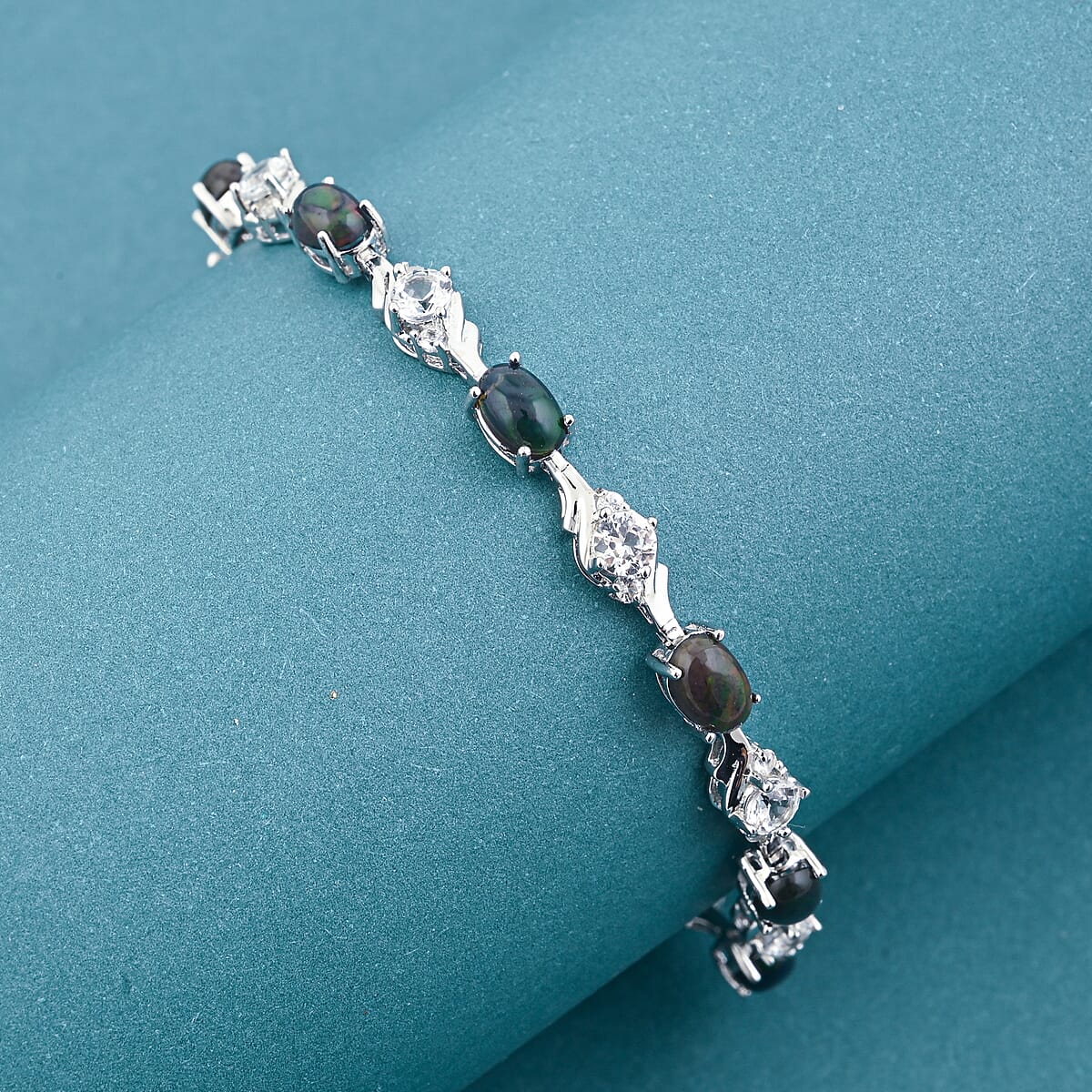 Black Opal and White Corundum 4.00 ctw Bracelet in Rhodium Over Sterling Silver (7.00 In) image number 1