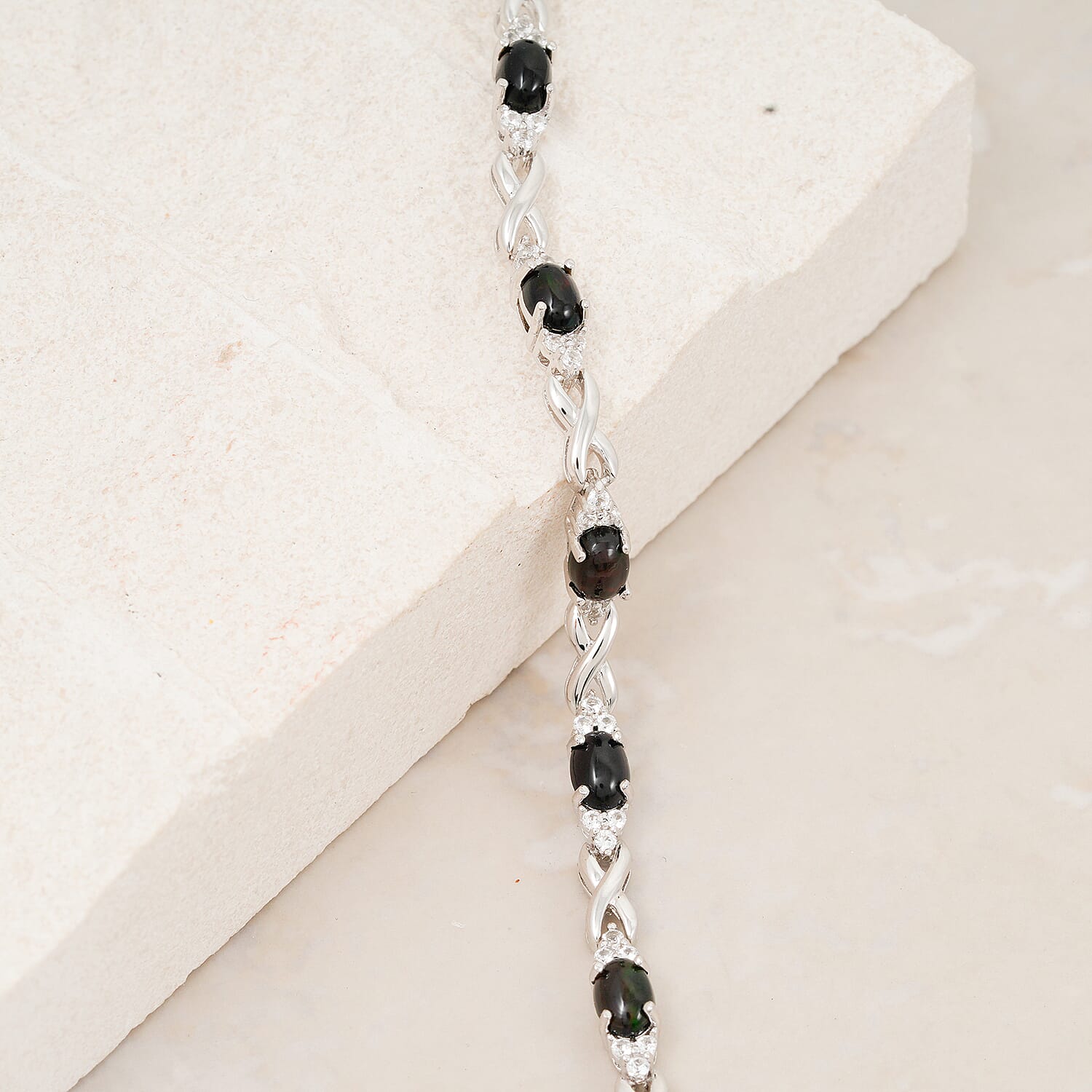 Black Opal and White Corundum 4.20 ctw Bracelet in Rhodium Over Sterling Silver (7-8In)