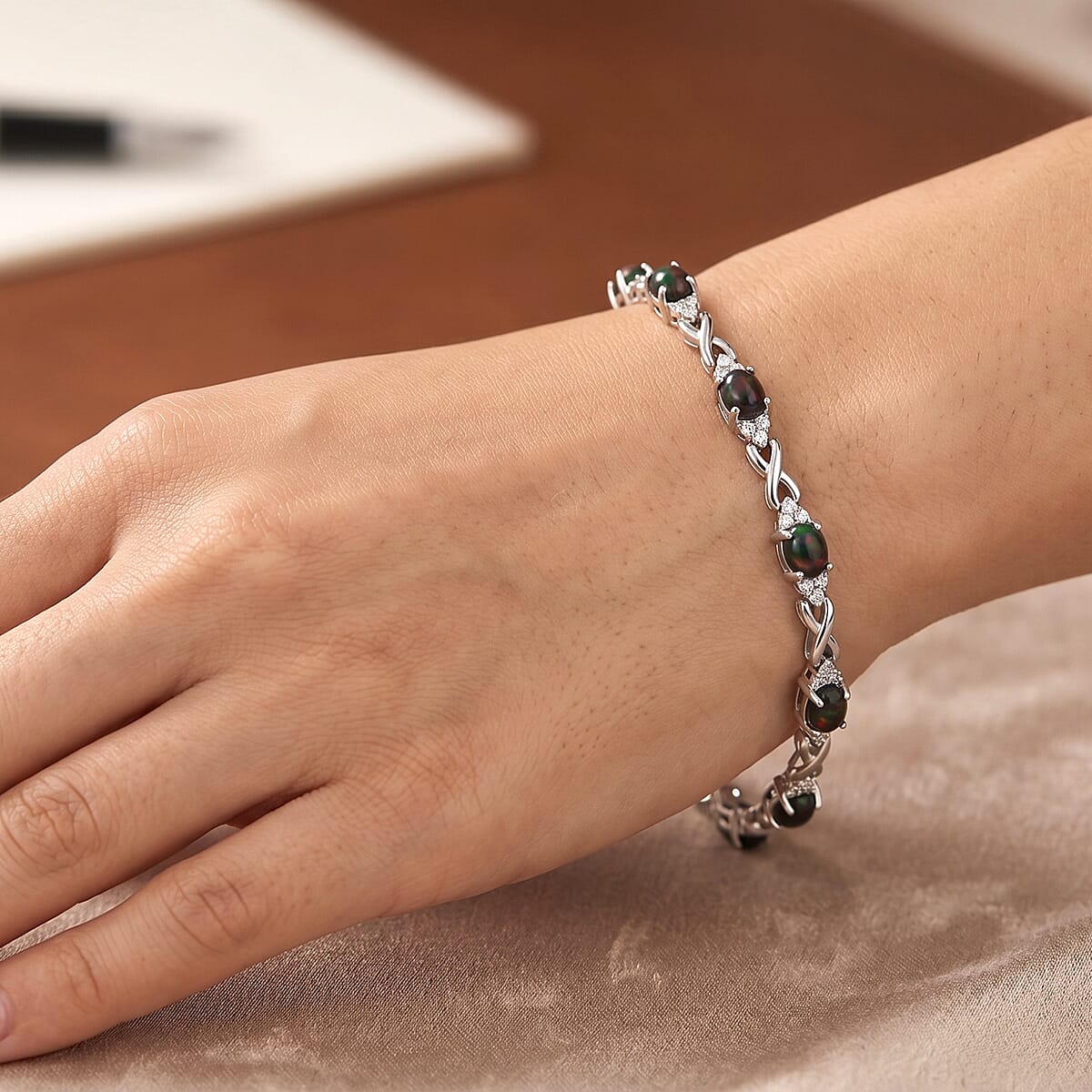 Black Opal and White Corundum 4.20 ctw Bracelet in Rhodium Over Sterling Silver (7-8In) image number 2