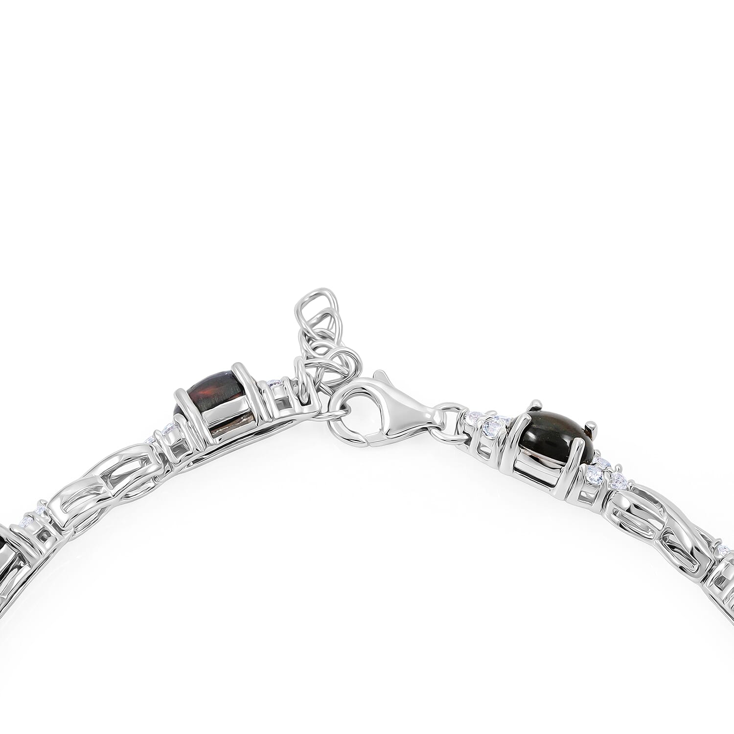 Black Opal and White Corundum 4.20 ctw Bracelet in Rhodium Over Sterling Silver (7-8In)