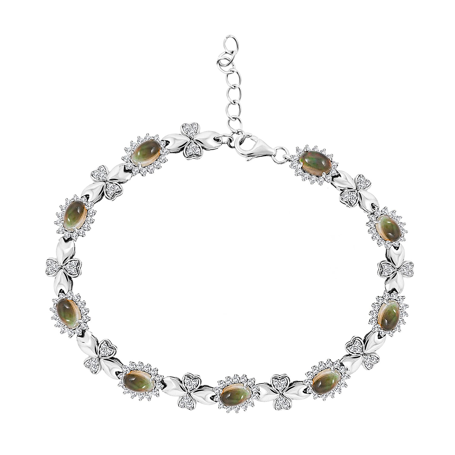 Black Opal and White Corundum 4.75 ctw Bracelet in Rhodium Over Sterling Silver (7-8In)