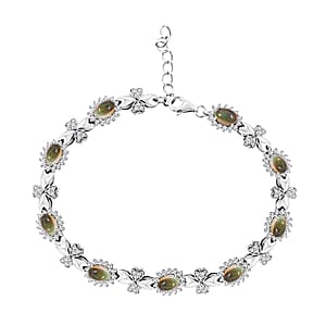 Black Opal and White Corundum 4.75 ctw Bracelet in Rhodium Over Sterling Silver (7-8In)