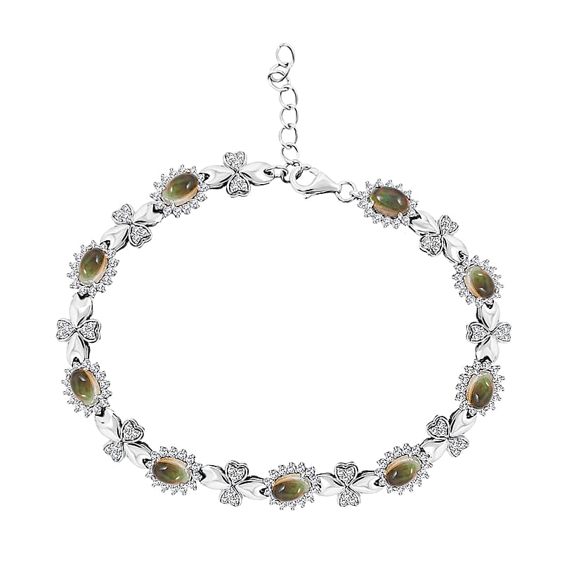 Black Opal and White Corundum 4.75 ctw Bracelet in Rhodium Over Sterling Silver (7-8In)