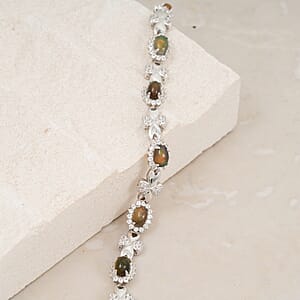 Black Opal and White Corundum 4.75 ctw Bracelet in Rhodium Over Sterling Silver (7-8In)