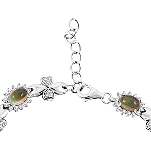 Black Opal and White Corundum 4.75 ctw Bracelet in Rhodium Over Sterling Silver (7-8In)