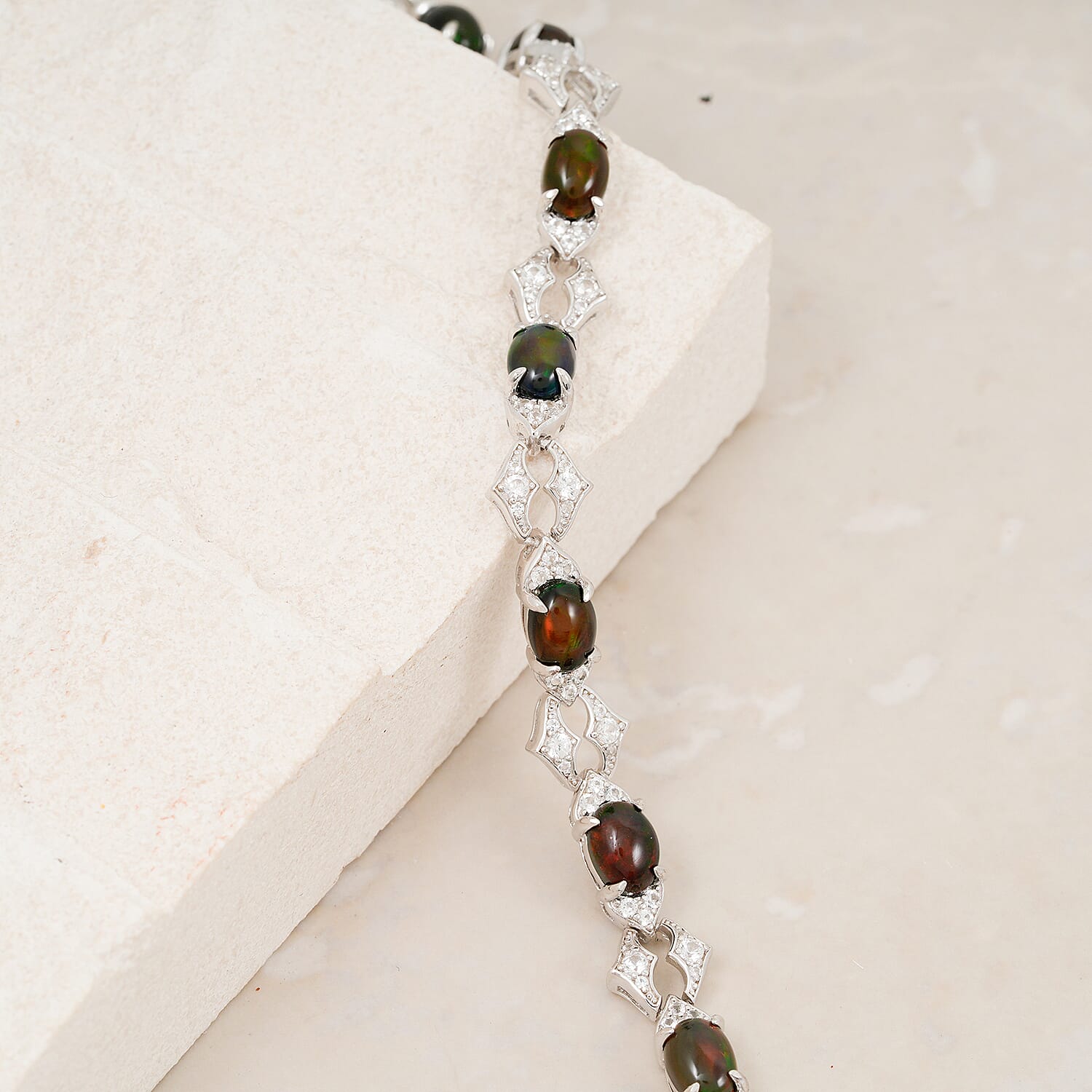 Black Opal and White Corundum 4.65 ctw Bracelet in Rhodium Over Sterling Silver (7-8In)