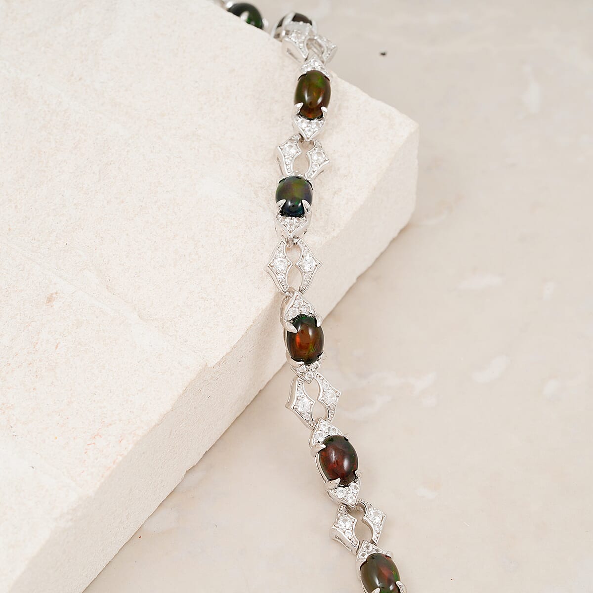 Black Opal and White Corundum 4.65 ctw Bracelet in Rhodium Over Sterling Silver (7-8In) image number 1