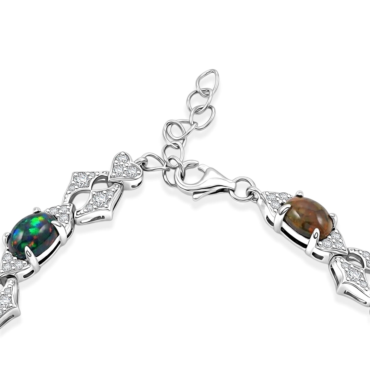 Black Opal and White Corundum 4.65 ctw Bracelet in Rhodium Over Sterling Silver (7-8In) image number 3