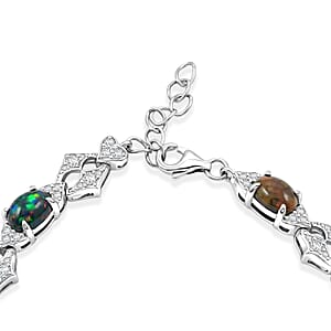 Black Opal and White Corundum 4.65 ctw Bracelet in Rhodium Over Sterling Silver (7-8In)