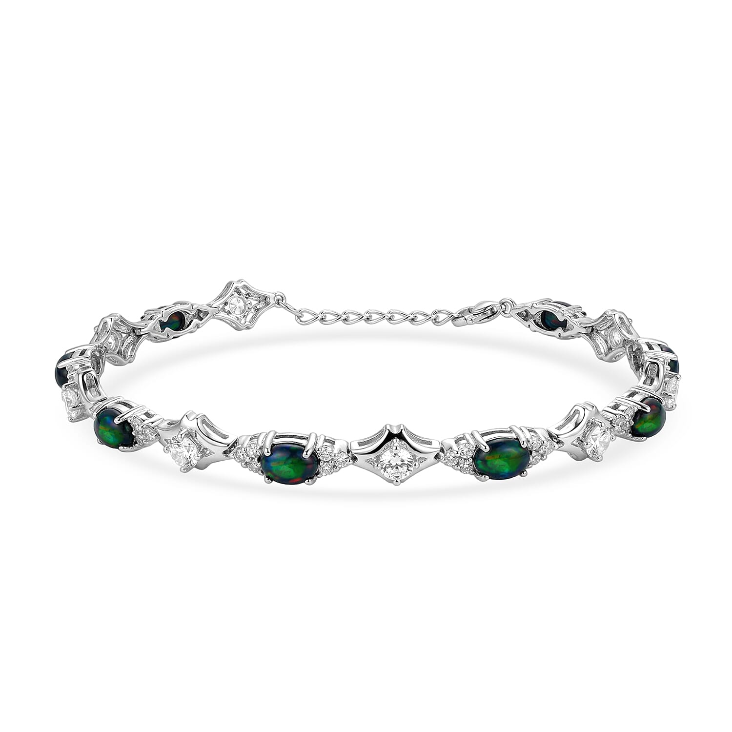 Black Opal and White Corundum 2.50 ctw Bracelet in Rhodium Over Sterling Silver (7-8In)
