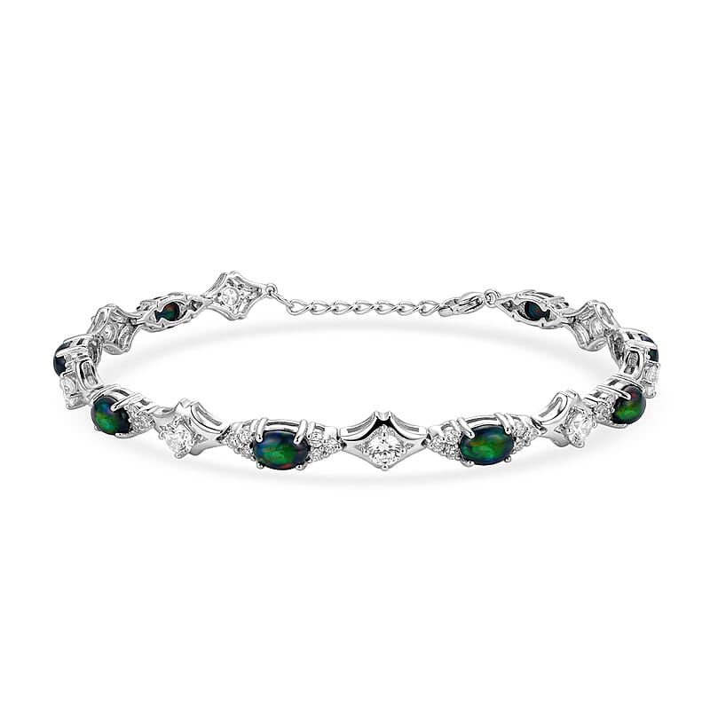 Black Opal and White Corundum 2.50 ctw Bracelet in Rhodium Over Sterling Silver (7-8In)