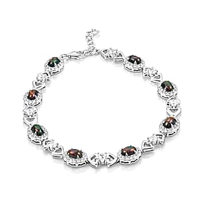 Black Opal and White Corundum 1.90 ctw Bracelet in Rhodium Over Sterling Silver (7-8In)